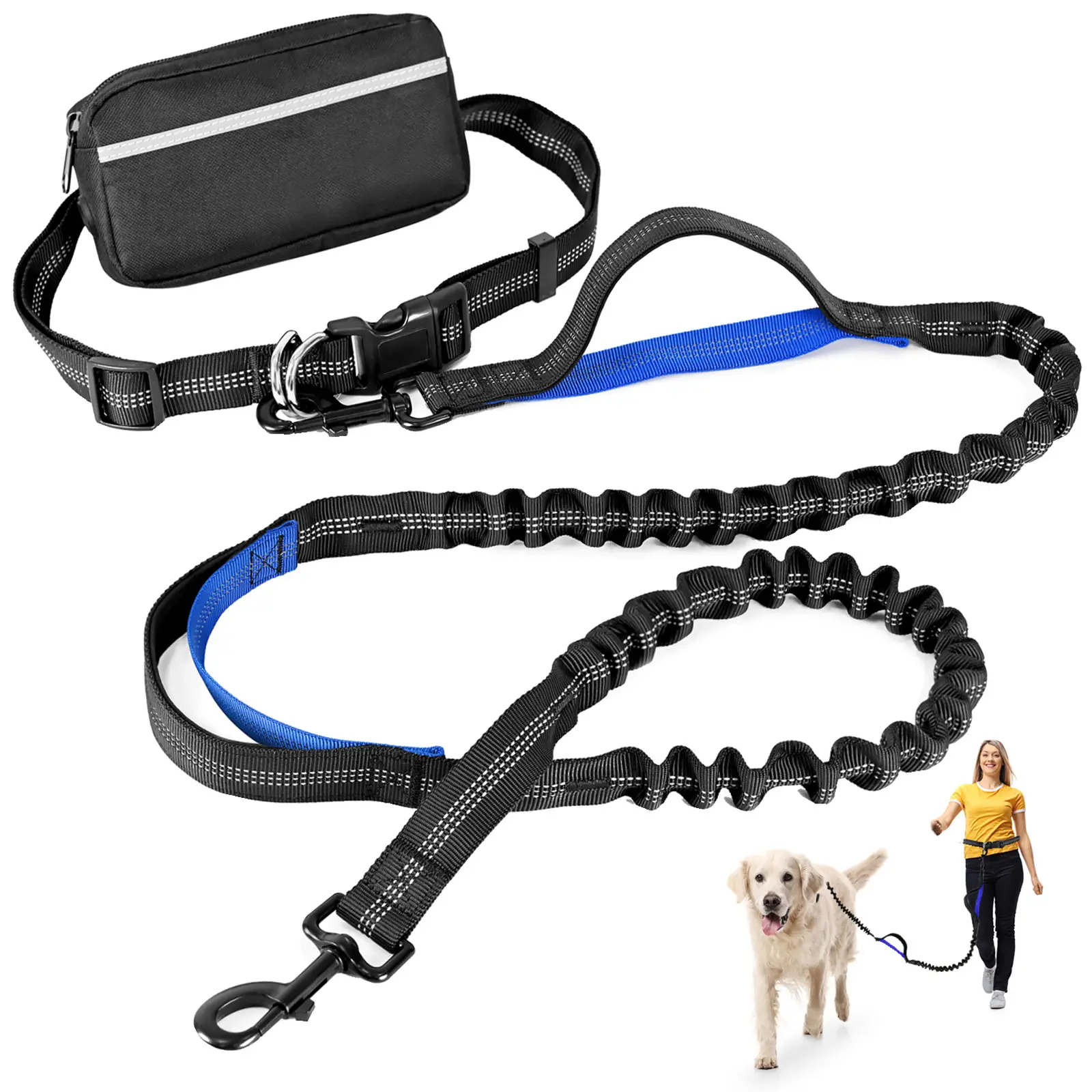 PetStars Hands Free Dog Leash with Zipper Pouch, Dual Padded Handles and Duarable Bungee Adjustable Waist Belt (27" - 49") Up to 120 lbs, Suit for Me