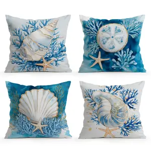 4pcs Shell Starfish Oceanic Pattern Pillowcases, Single-Sided Print, Suitable for Living Room Bedroom Home Decor, All Seasons Use