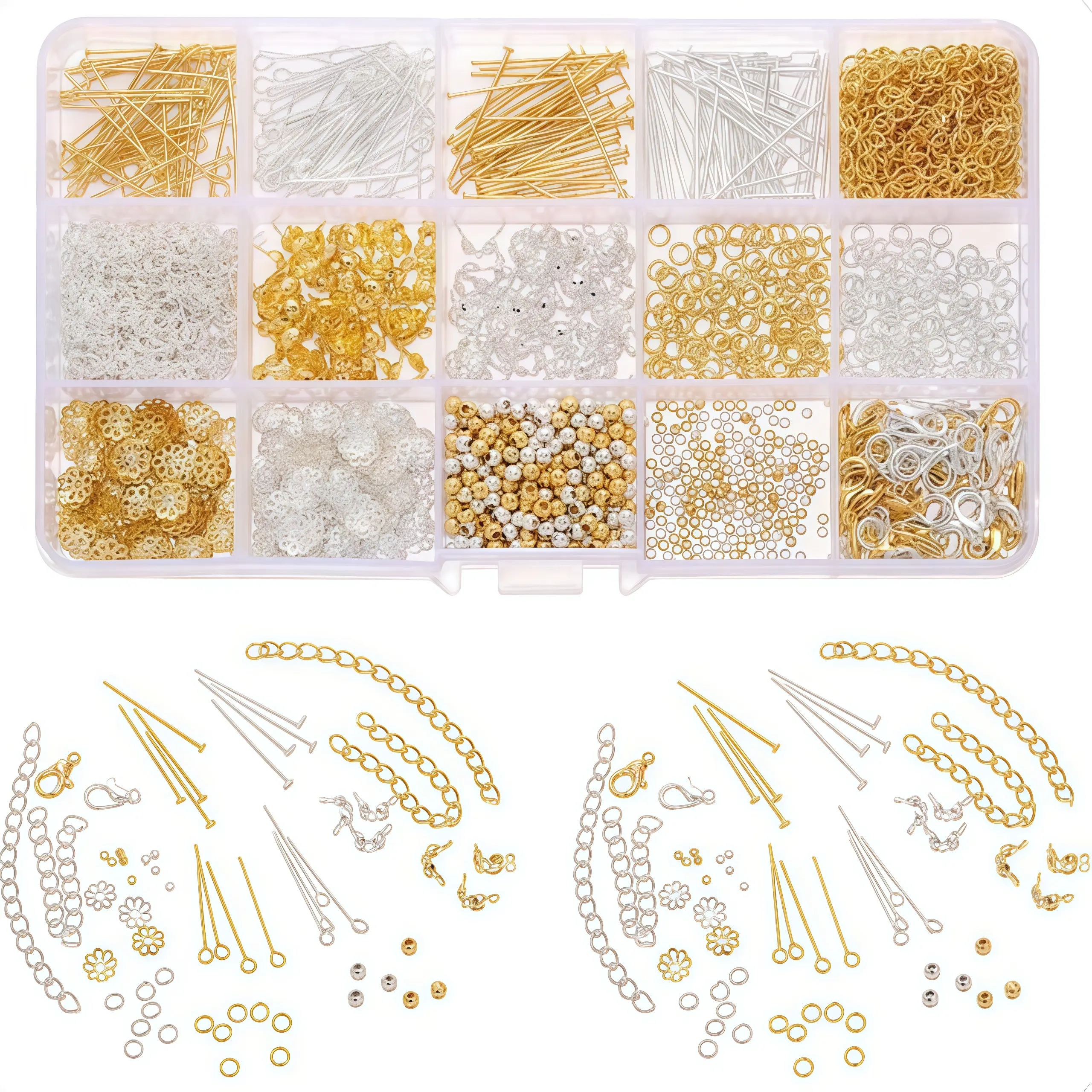 14K Gold & Silver Jewelry Making Bulk Supplies Kit, Hypoallergenic All-in-1 Craft Set with Lobster Clasps, Jump Rings, Pins, No Main Stone for DIY Earrings, Necklaces, Bracelets (Beginners’ Handmade Gifts)