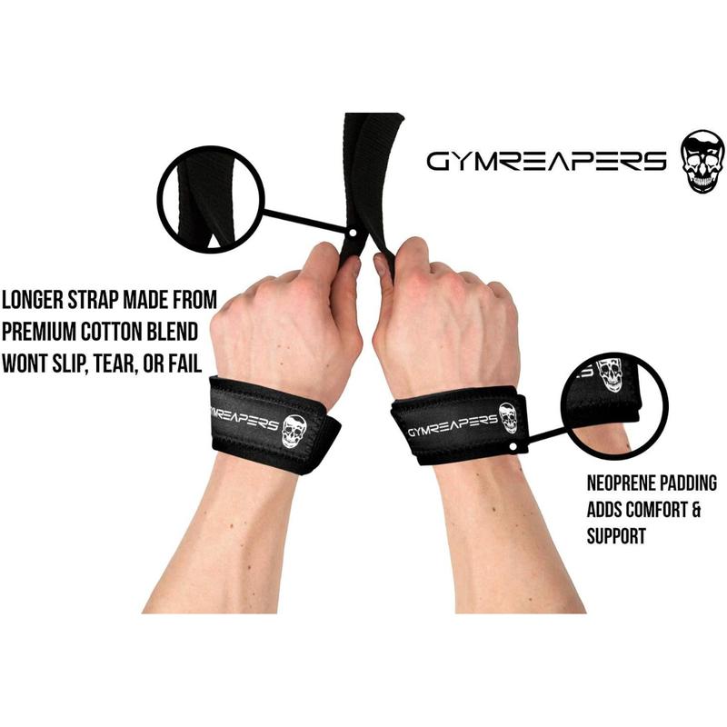 Gymreapers Lifting Wrist Straps for Weightlifting, Bodybuilding, Powerlifting, Strength Training, & Deadlifts - Padded Neoprene with 18 inch Cotton - Color (Black)