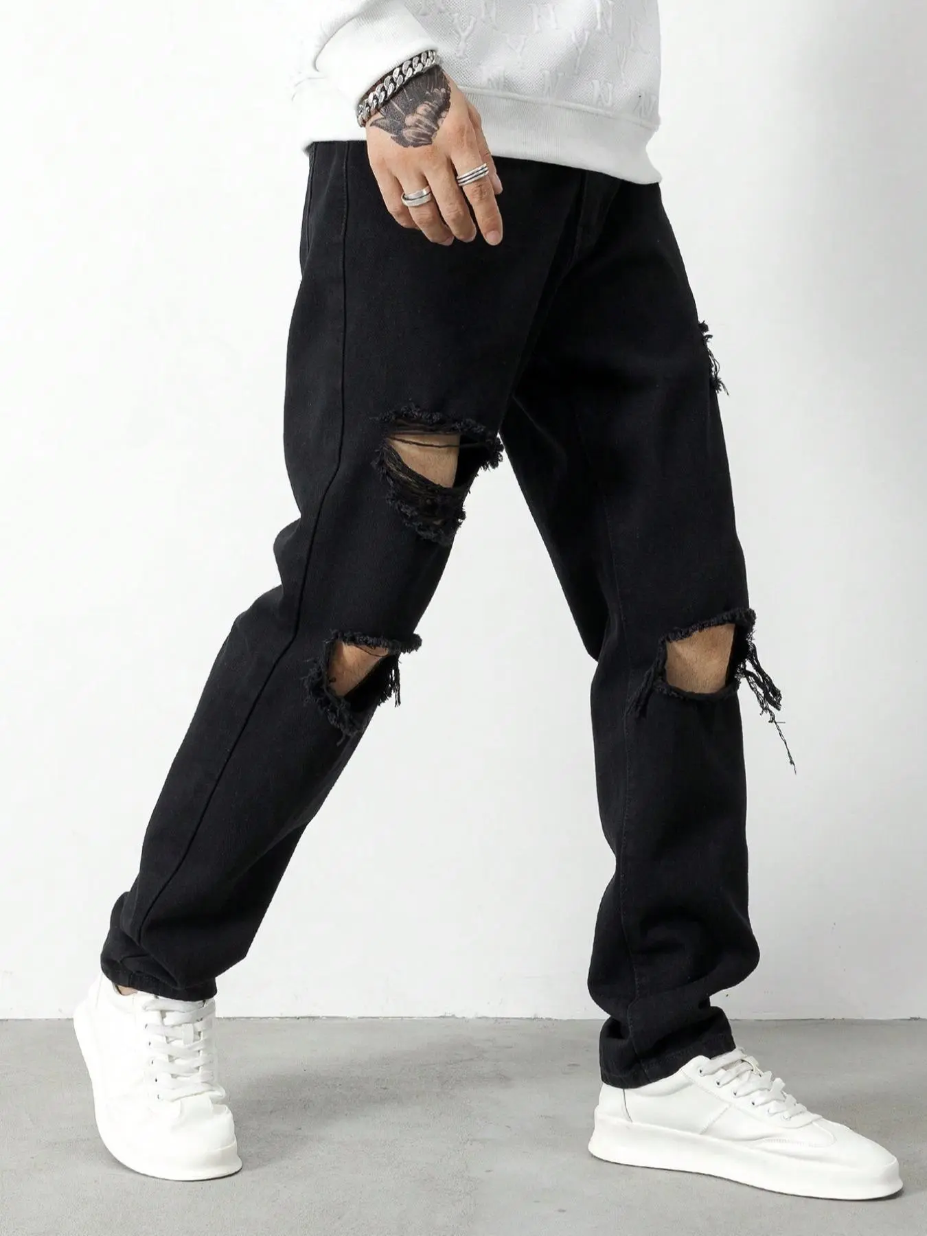 Men's Solid Color Ripped Straight Leg, Loose Relaxed Fit Casual Comfy Jeans Denim Pants for Daily Wear, Woven Bottoms for All Seasons, Cotton, Menswear, Streetwear, Denim Trousers