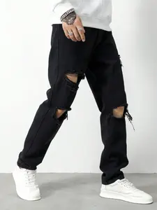 Men's Solid Color Ripped Straight Leg, Loose Relaxed Fit Casual Comfy Denim Pants for Daily Wear, Woven Bottoms for All Seasons, Cotton, Menswear, Streetwear