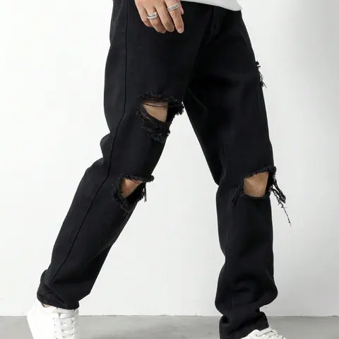 Men's Solid Color Ripped Straight Leg, Loose Relaxed Fit Casual Fashion Denim Comfy Jeans Pants for Daily Wear, Woven Bottoms for All Seasons, Cotton, Menswear, Streetwear, Denim Trousers