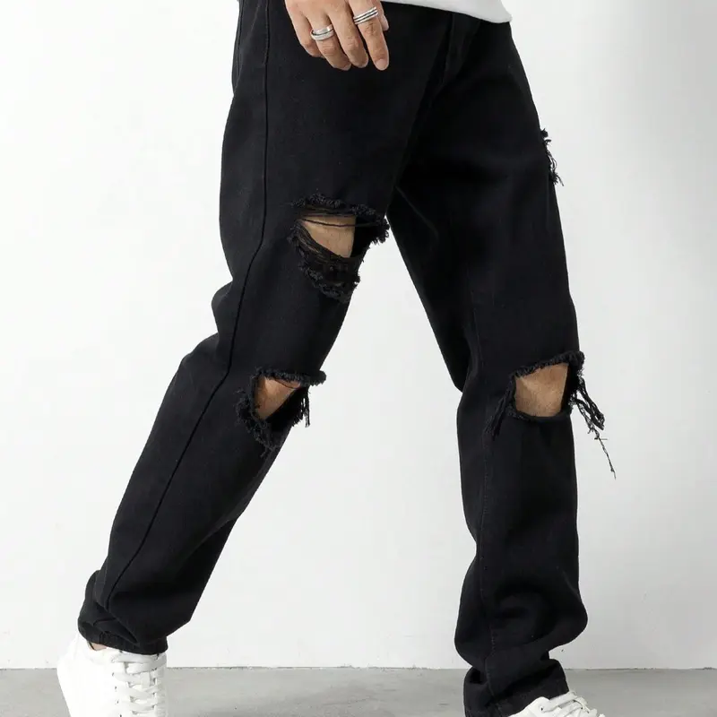 Men's Solid Color Ripped Straight Leg, Loose Relaxed Fit Casual Fashion Denim Comfy Jeans Pants for Daily Wear, Woven Bottoms for All Seasons, Cotton, Menswear, Streetwear, Denim Trousers