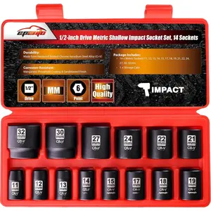 1/2-Inch Drive Metric Shallow Impact Socket Set, Cr-V, 6-Point, 14 Sockets