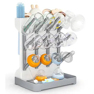 Baby Bottle Drying Rack: Space Saving Vertical Bottle Dryer Holder - Baby Accessories Storage Stand Organize Brushes Pacifiers on Countertop - BPA-Free - Gray