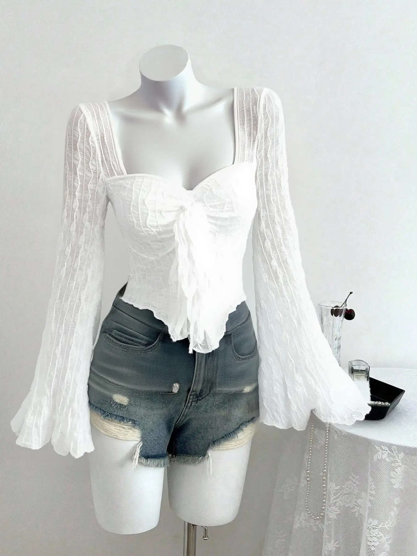 Square Neck Ruffled Bell-Sleeve Blouse, Tie-Front Corset Crop Top, Womenswear, Casual, Fitted, Feminine, Ruched, TikTok Viral Coquette Aesthetic, Sheer Textured Fabric, Ruffle Detail, Perfect for Brunch, Dates or Nights Out, Long Sleeve