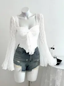 Square Neck Ruffled Bell-Sleeve Blouse, Tie-Front Corset Crop Top, Womenswear, Casual, Fitted, TikTok Viral Coquette Aesthetic, Sheer Textured Fabric, Ruffle Detail, Perfect for #OOTD, #SoftGirlVibes, Brunch, Dates or Nights Out