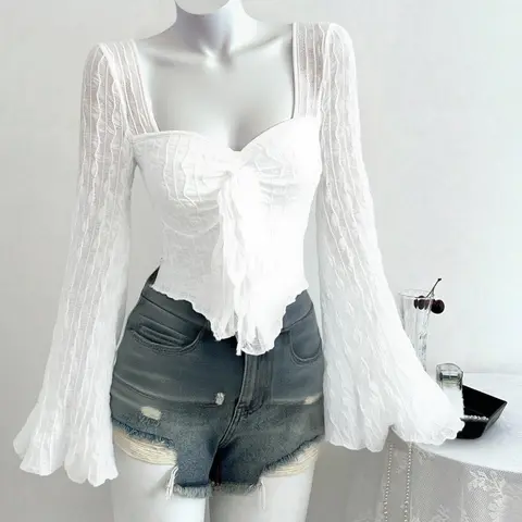 Square Neck Ruffled Bell-Sleeve Blouse, Tie-Front Corset Crop Top, Womenswear, Casual, Fitted, Feminine, Chic, Ruched, TikTok Viral Coquette Aesthetic, Sheer Textured Fabric, Ruffle Detail, Perfect for Brunch, Dates or Nights Out, Long Sleeve, Fashion
