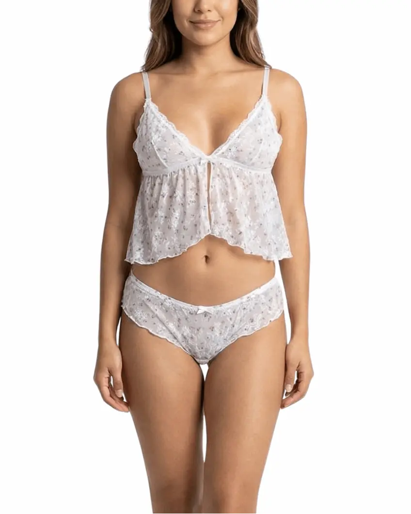 Women's Original Vanessa Cami Lingerie Set with Spandex Fabric, Adjustable Straps, and Matching Panty, Cropped, Lightweight, Floral