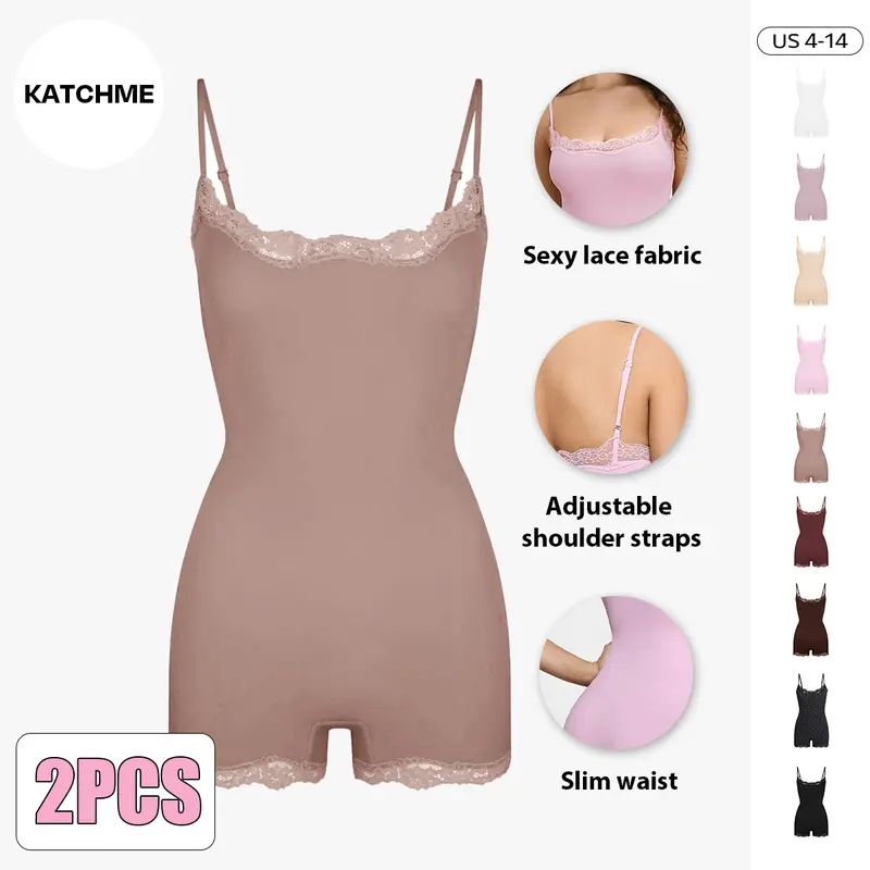 KatchMe Lace Series Women's Spaghetti Strap Lace Trim Breathable Playsuit, Lightweight Solid Color Playsuit, Seamless Sport & Outdoor Clothing