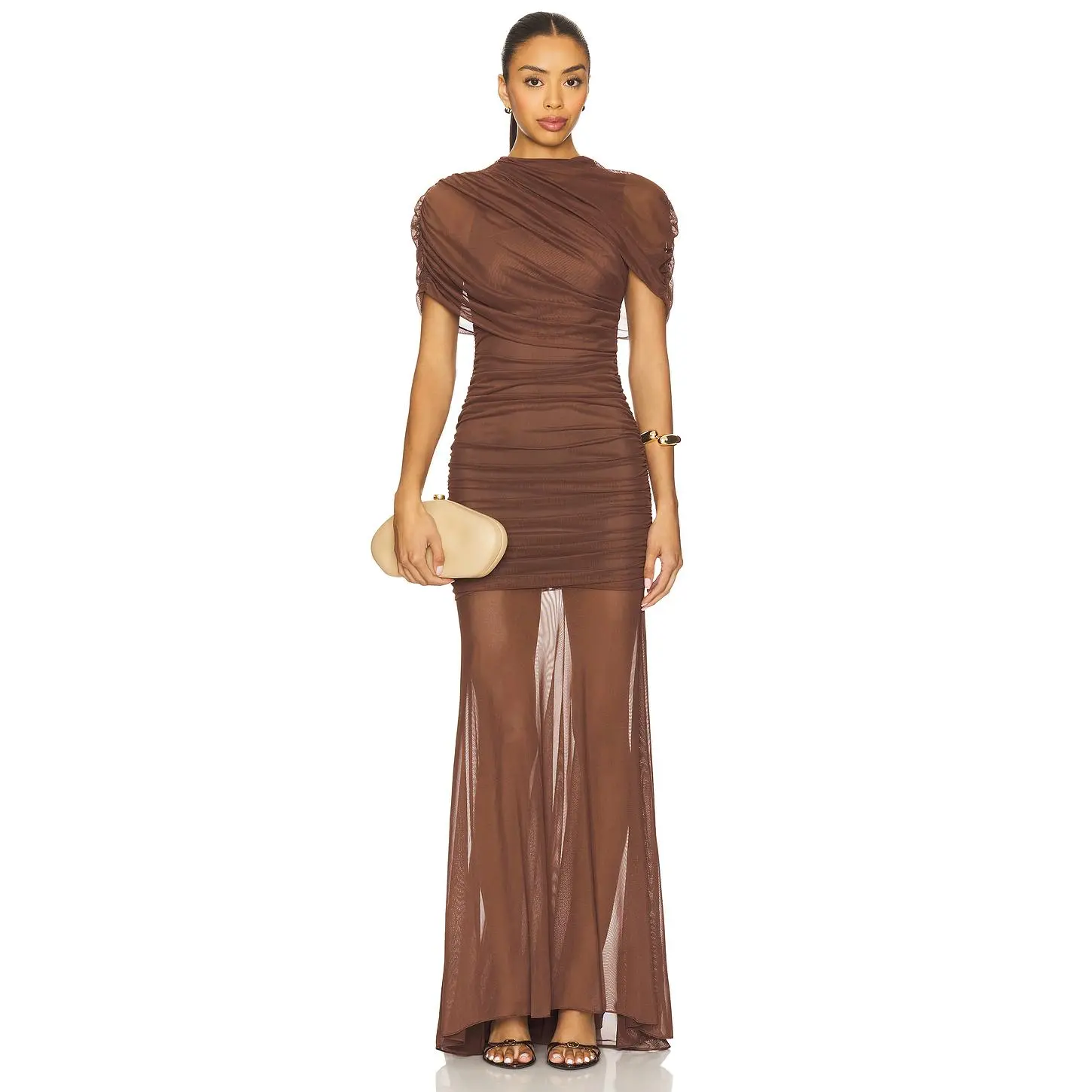 Amanda Uprichard x REVOLVE Evianna Mesh Gown in Chocolate Brown