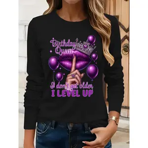 Women's Birthday Queen Graphic T-Shirt Funny I Don't Get Older I Level Up Printed Top Dark Grey with Purple Accents Loose Fit Long Sleeve Shirt for Birthday Parties Everyday Casual Outfits Spring Fall Summer Apparel Seasonal Fashion