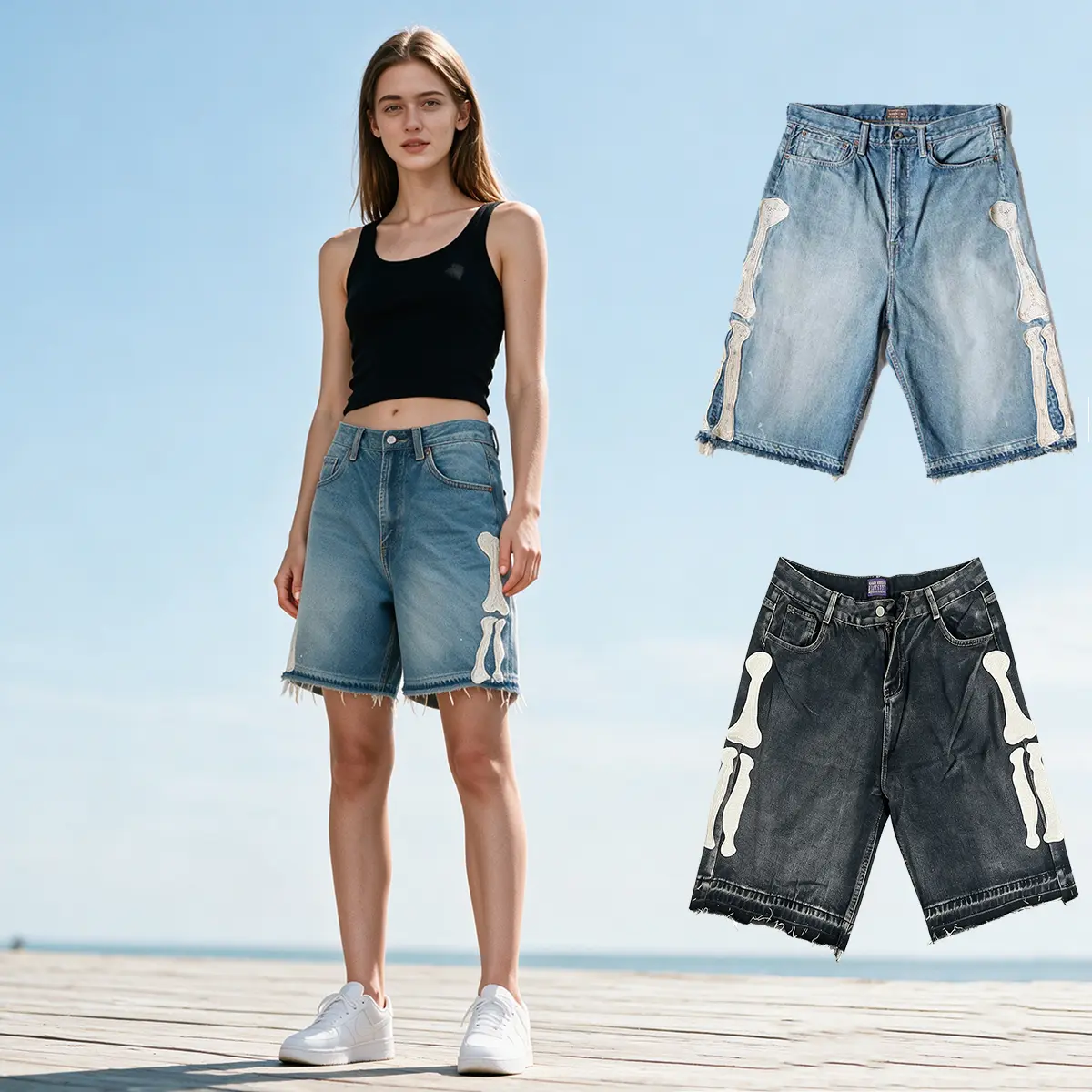 Women's Vintage Bone Rhinestone Denim Jorts, High-Waisted Frayed Hem Baggy Bermuda Shorts, Y2K Streetwear Skeleton Embroidery Jean Shorts