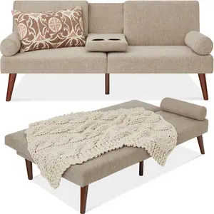 Best Choice Products Fabric Upholstered Convertible Futon w/ Rounded Armrests, Wooden Legs, 2 Cupholders