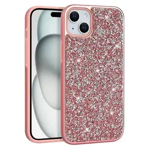 Apple iPhone 15 Plus (6.7) / iPhone 14 Plus (6.7) - Hot Pink Rock Crystal Studded Back Cover With Hot Pink Chrome Bumper on Peach TPU Skin