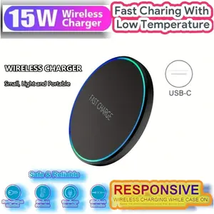 15W Fast Wireless Charging Pad with LED Light - Ultra Thin Round Charger Station for Desk Travel Home Office, Portable Phone Charger Compatible with iPhone Compatible with Samsung Android, Black White, Ideal Gift for Halloween, Christmas, Birthday, Foldab