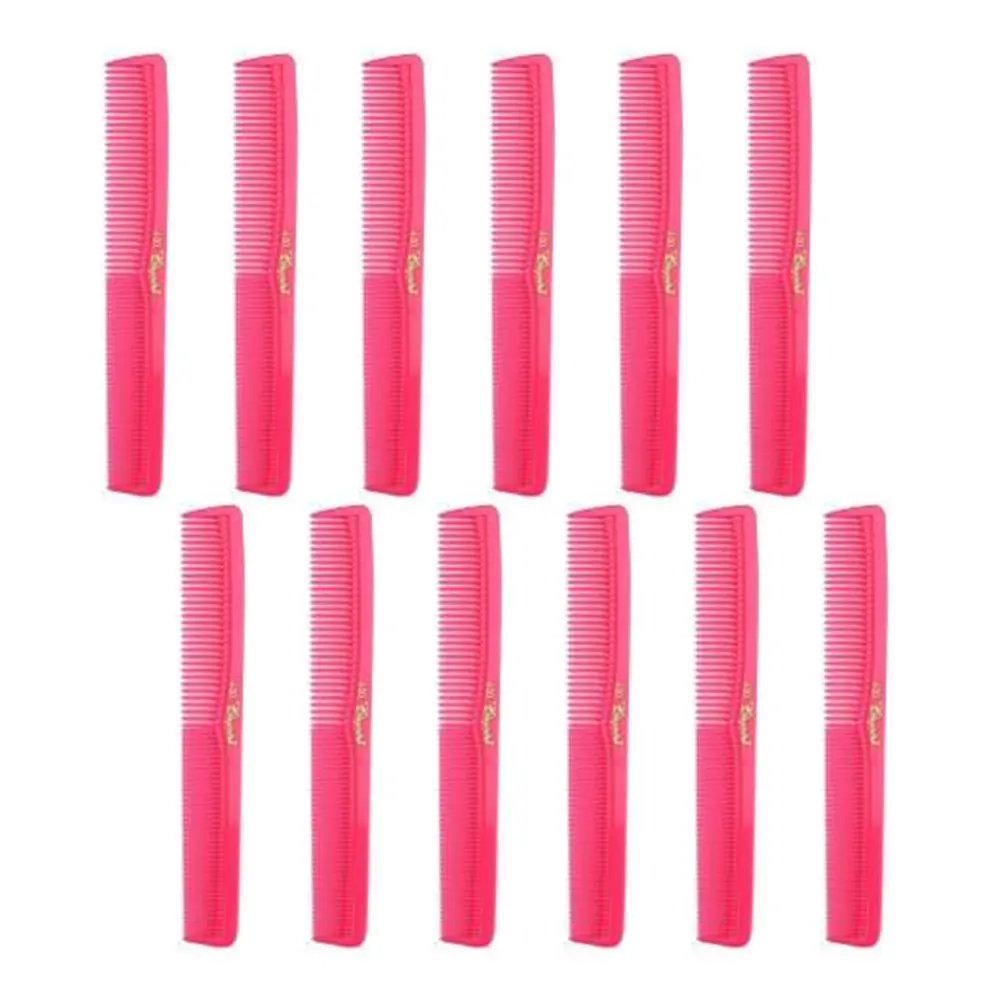 Krest Cleopatra Neon Pink Plastic Flat Comb #400 Set - 1 Dozen Professional Haircare Styling Tool, Fashionable Flat Back Styler
