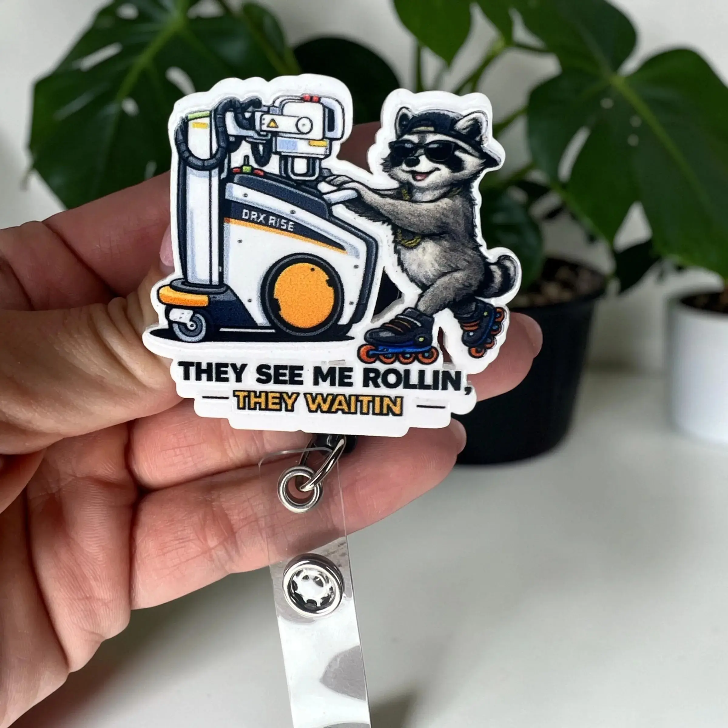 Radiology Raccoon Badge Reel – “They See Me Rollin, They Waitin” – Funny X-Ray Tech ID Holder – X-Ray Badge Reel– Retractable Badge Reel