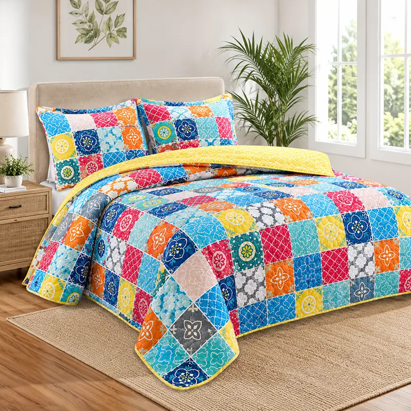 100% Cotton Patchwork Quilt Set 92x96 Inch 3 Piece Quilted Coverlet with 2 Pillow Shams 20x26 Inch