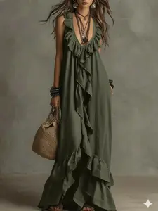 Women's Summer Boho Dress, Loose-Fitting V-Neck Sleeveless Ruffle Dress, Fashionable Solid Color, Retro Style, Casual Vacation Wear