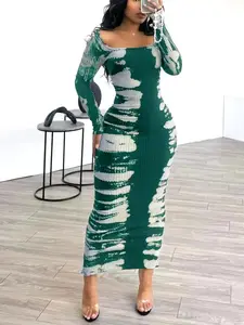Modern A Line Dress, U-Neck Ribbed Long Sleeve Dress, New Spring Tie-Dye Print Fashionable Sexy Elegant Casual for Autumn and Winter Fit Womenswear, Formal, Versatile, Comfort, Wear, Style, Outfit, Essential, Trendy
