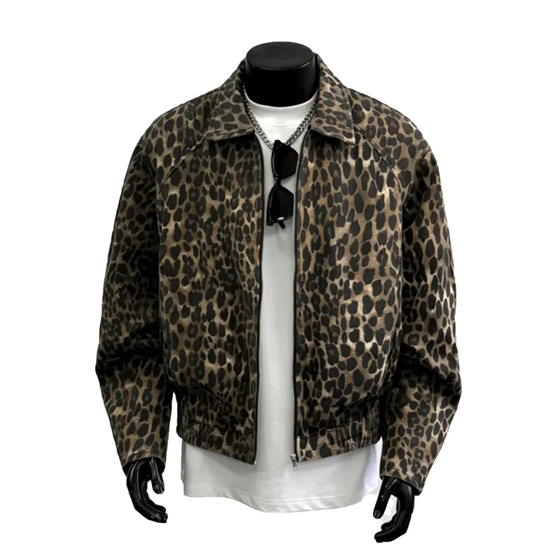 Vintage Y2K leopard print zip-up jacket with full front zipper, lapel collar, oversized cropped silhouette, unisex streetwear hip hop casual outer coat