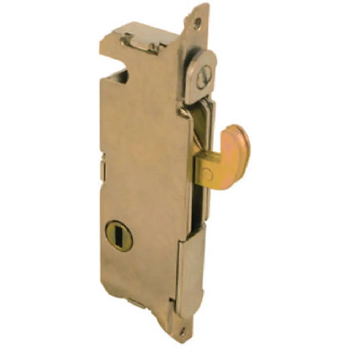 Prime Line 15410 Sliding Door Mortise Lock - Adjustable Hook, Vertical Key Way, Round End Face, Steel Housing, Mortise Install, 0.28 lbs, 2.87x2.87x0.28 in, Key-Compatible for Lockable Sliding Doors, Key Way In Vertical Position