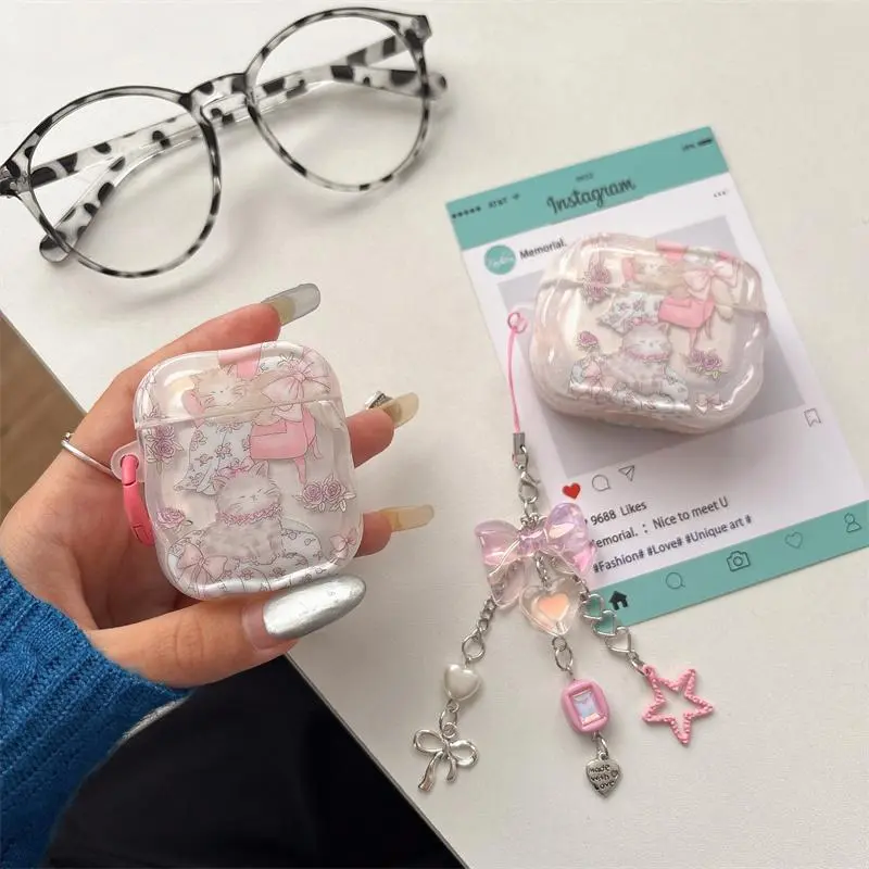Cute Cat Pattern Earphone Case with Chain Hanging Decoration, Earphone Protective Cover, Earphone Accessories Compatible with AirPods 1 2 3 4 Pro/Pro2, Headset