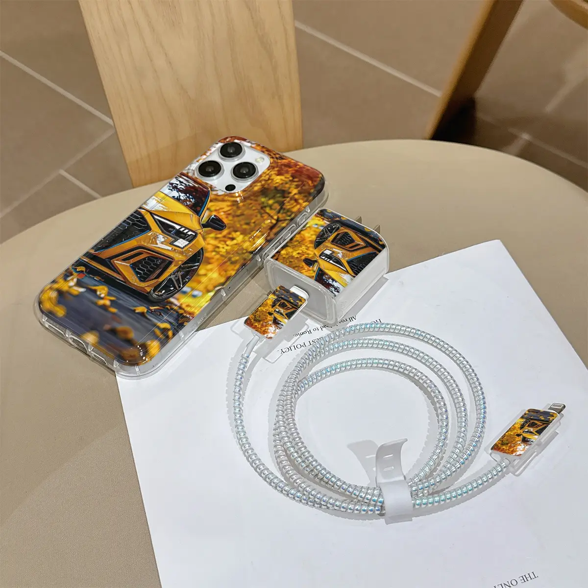 6 Piece Transparent Car Pattern Phone Case Set, Includes Charger Head Cover & Cable Protector, Perfect Gift for iPhone Users