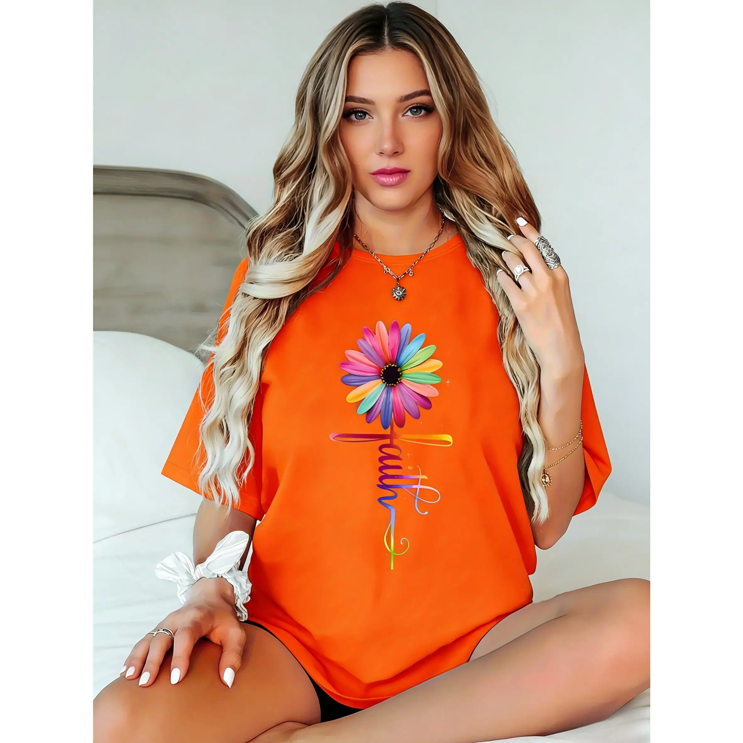 Women's Plus-Size 100% Cotton Stretchy Short-Sleeve Basic T-Shirt - Round-Neck Smooth Seamless Fabric Casual Summer Printed Top, Colorful Geometric Pattern, Machine Washable, Suitable for Gym Workouts & Daily Wear