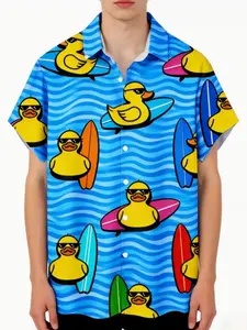 Men's Hawaiian Fun Duck Print Short Sleeve Shirt, Tropical Summer Beach Casual Button Up, Loose Fit, Perfect for Beach, Pool, Vacation Gift