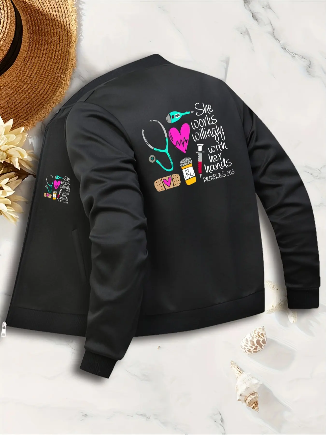Women's Casual Everyday Zipper Baseball Jacket, She Works Willingly Graphic Print, Fitted Style, All Seasons Wear, Fashionable Ladies Outerwear, Coats, Womenswear