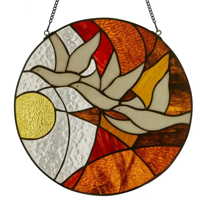 14"H Doves At Sunset Round Stained Glass Window Panel