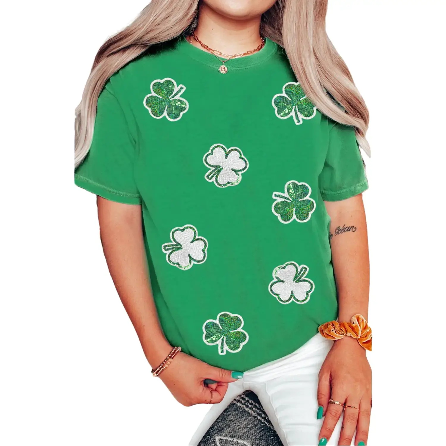 Bright Green St Patricks Sequined Clover Pattern T Shirt