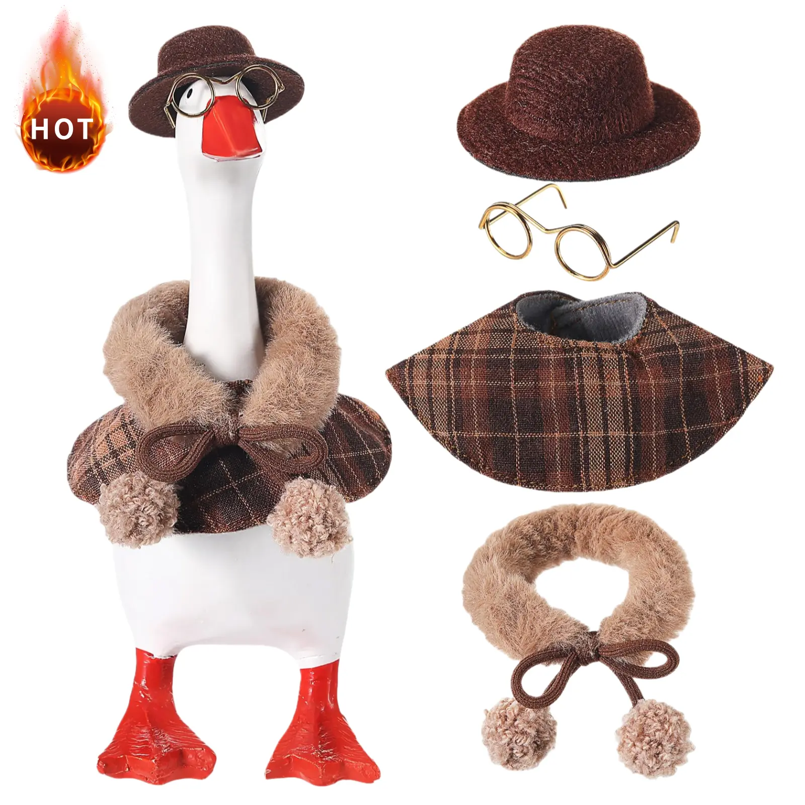 4-Pcs Fluffy Mini Desk Goose Outfits Set - Detective Hat, Plaid Cape, Glasses for Magnetic Desk Duck Statue, Winter Tabletop Decor Ornaments, DIY Gift for Toys & Hobbies Enthusiasts