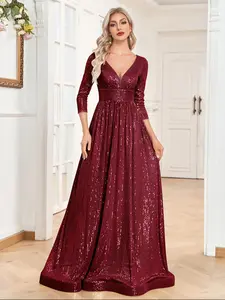 Women's Burgundy Glitter Sequin V Neck Sheer A Line Dress, Elegant Formal Wear Long Sleeve Maxi Dress For Party Cocktail Prom Wedding Guest, Women's Spring & Fall Clothes