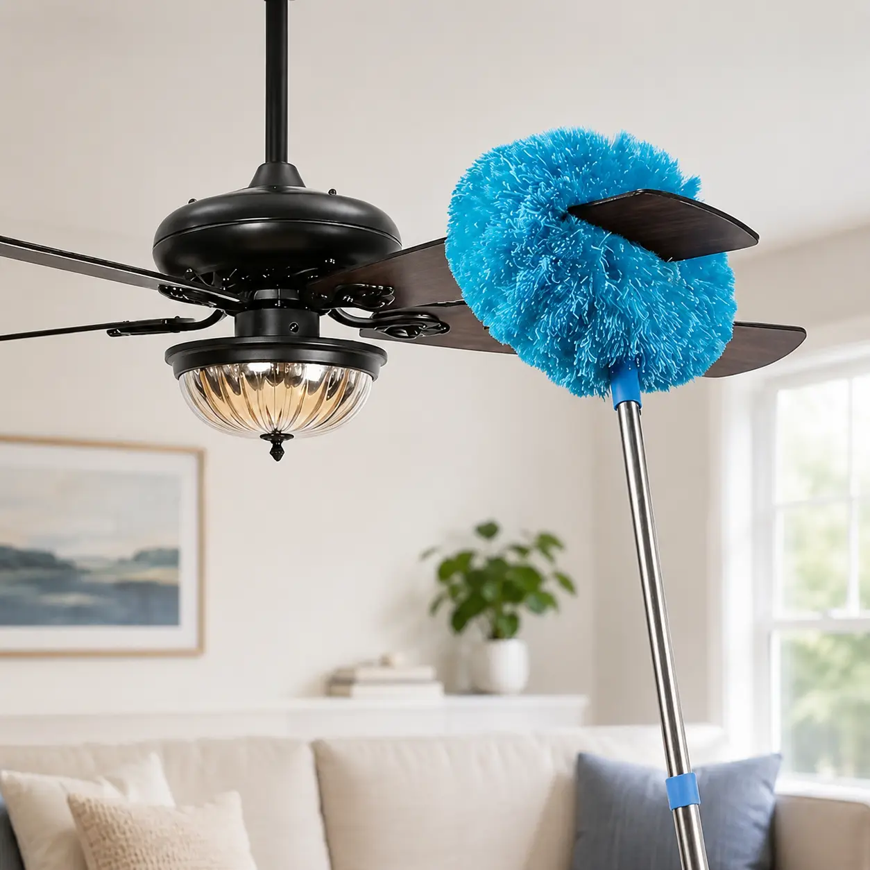 Seasonal Housekeeping Microfiber Telescoping Duster, for Ceiling Fan Blades and Indoor Cobweb Corners, Washable Lightweight Polyester Cleaner, Adjustable Length Home Care Accessory