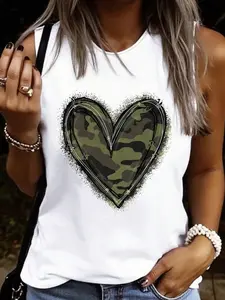 Women's Summer Casual Loose-Fit Camo Heart Print Vest, Womenswear Tops, Soft Comfortable Home Wear, Essential for Daily Use, Perfect for Warm Weather, Camo Tank Top