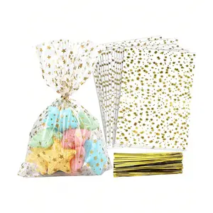 200pcs Star Print Gift Wrapping Paper Bags, Transparent Plastic Pe Party Favor Bags with Twist Tie, 5x10.6 Inches, Birthday Wedding Decorations