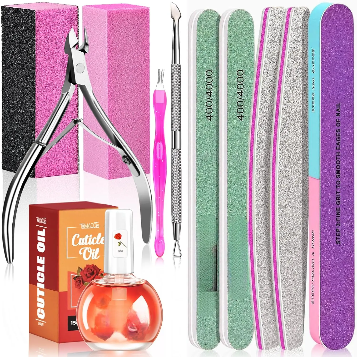 Manicure Tools Kit Nail Care Kit with 3 pcs Files, 2 pcs Buffer Blocks, 2 Polishing Buffers, Cuticle Nipper, Pusher and Cuticle Oil