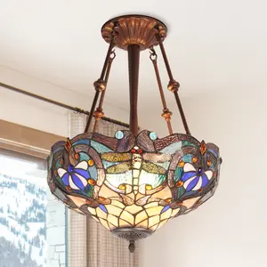 16.7 Inch Tiffany Style Dragonfly Stained Glass Semi Flush Mount Ceiling Light, 3-Light E26 Base with Warm Bulbs Included, Coffee Brown Wrought Iron Frame, Victorian Design for Dining Room Living Room Foyer
