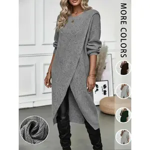 Women's Plain High Low Hem Wrap Tunic Sweater Dress, Casual Drop Shoulder Long Sleeve Dress for Fall & Winter, Women's Clothing for Daily Wear