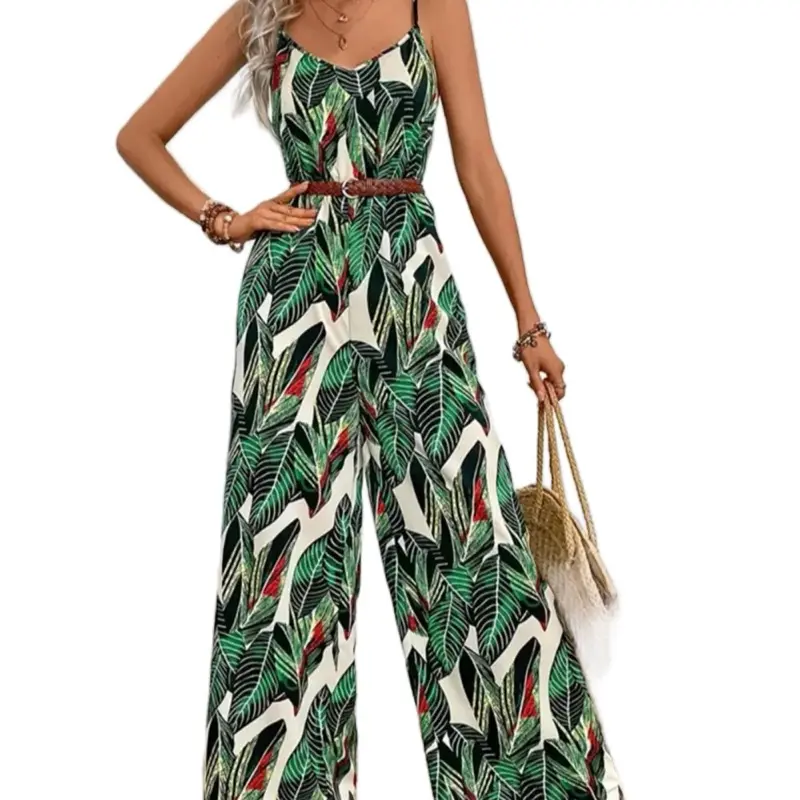 Women Summer 2025 Tropical Print Spaghetti Strap Wide Leg Jumpsuit Vacation Floral Spaghetti Strap Spring Womenswear Fashion Fit Style Bohemian Boho Dark Green