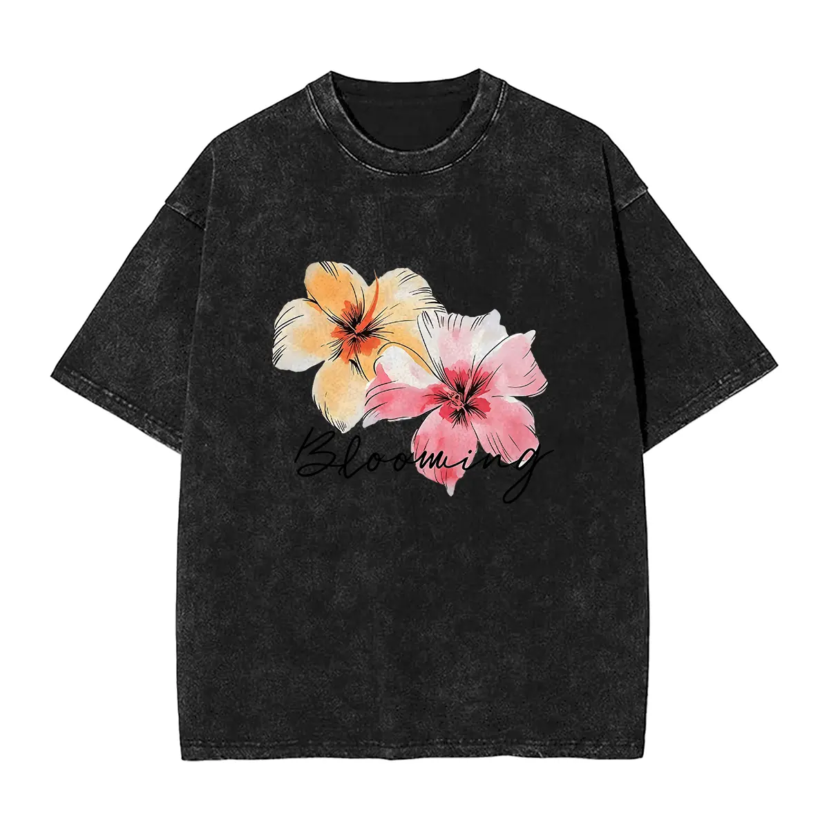 Floral Hibiscus T - Shirt, Unisex, with Two - Toned Hibiscus Flower Design and "mui" Text, Stylish Graphic Tee for Men and Women