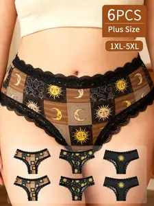 Plus Size Elegant Women's Panties Set, 6-Pack Breathable Soft Stylish Brief Lace Trim Panty, Underwear with Sun Moon Star Print