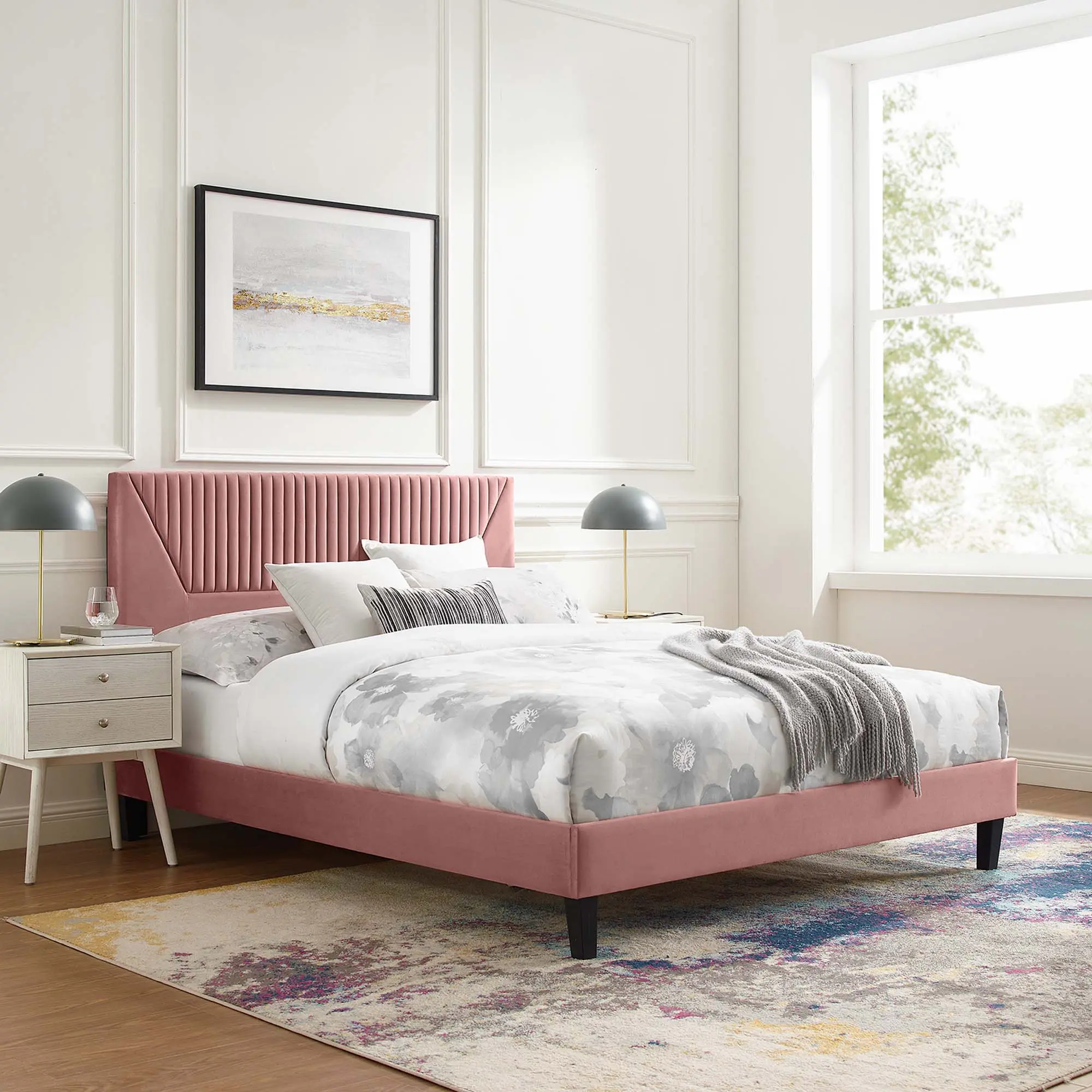 Modway Yasmine Channel Tufted Performance Velvet King Platform Bed in Dusty Rose
