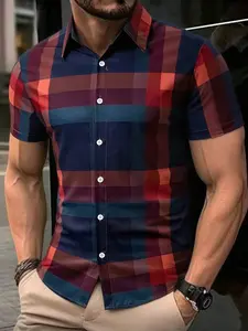 Men's Plaid Checkered Print Short Sleeve Button-Down Shirt, Casual Business Top, Breathable Summer Blouse #PlaidButtonDown #BusinessCasualShirt #MensCheckeredShirt #EverydayShirts #TikTokMadeMeBuyIt