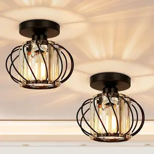 2-Pack Semi-Flush Mount Ceiling Lights, Small Crystal Pendant, Farmhouse Metal Cage, Indoor Industrial Lamps, Living Room, Hallway, Bathroom, Kitchen