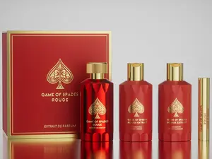 Game of Spades Rouge Extrait 4 pcs Gift Set by Jo Milano Paris (parfum 3.4 oz., Aromatic Body cleanser 6.8 oz., Hydrating body cream 6.8 oz. & Atomizer)